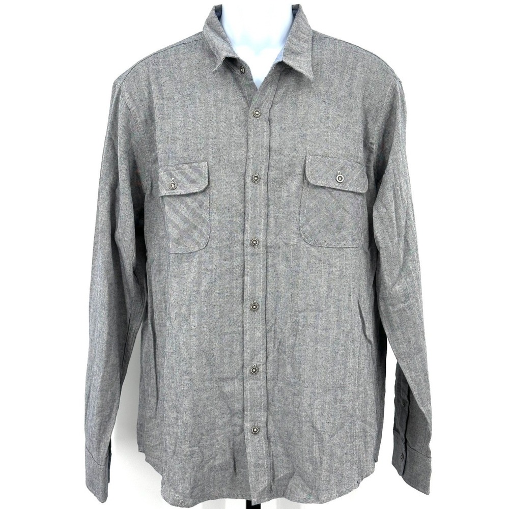 SHORE Button Down Shirt European Cotton Gray Herringbone Long Sleeve XL NWT